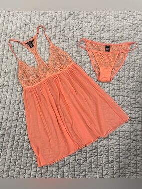 Vintage Victoria's Secret Coral Lace & Sheer Babydoll Set